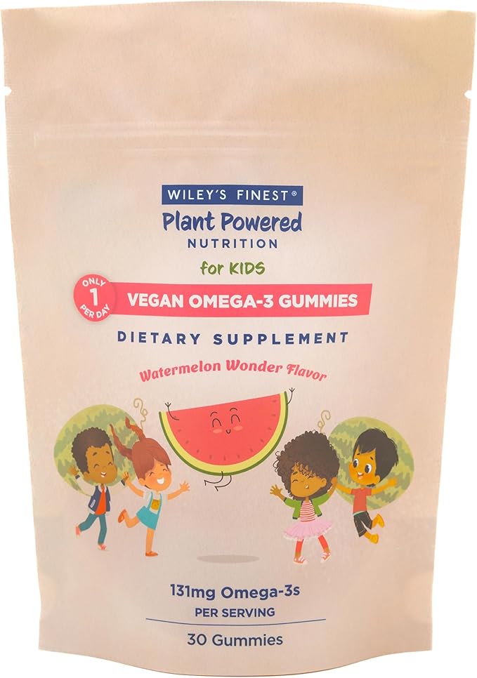 Wiley's Finest Kids Vegan Omega-3 Gummies - Natural Sugar - Vegetarian DHA, ALA & SDA - Gluten Free - Watermelon Flavor, 30 Gummies