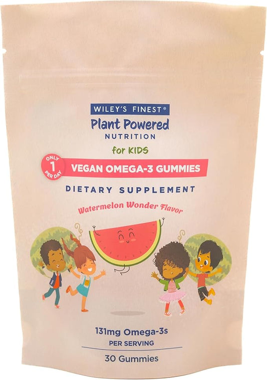 Wiley's Finest Kids Vegan Omega-3 Gummies - Natural Sugar - Vegetarian DHA, ALA & SDA - Gluten Free - Watermelon Flavor, 30 Gummies