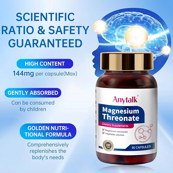 Magnesium L-Threonate, Brain Supplements for Memory and Focus, Sleep and Anxiety for Kids & Adults (90 Capsules)
