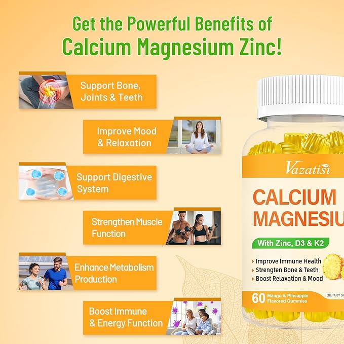 Calcium Magnesium Zinc Gummies with Vitamin D3 and K2, High Absorption Magnesium Glycinate Potassium for Immune and Calm Mood, Vegan Mango and Pineapple Flavor 120 Gummies