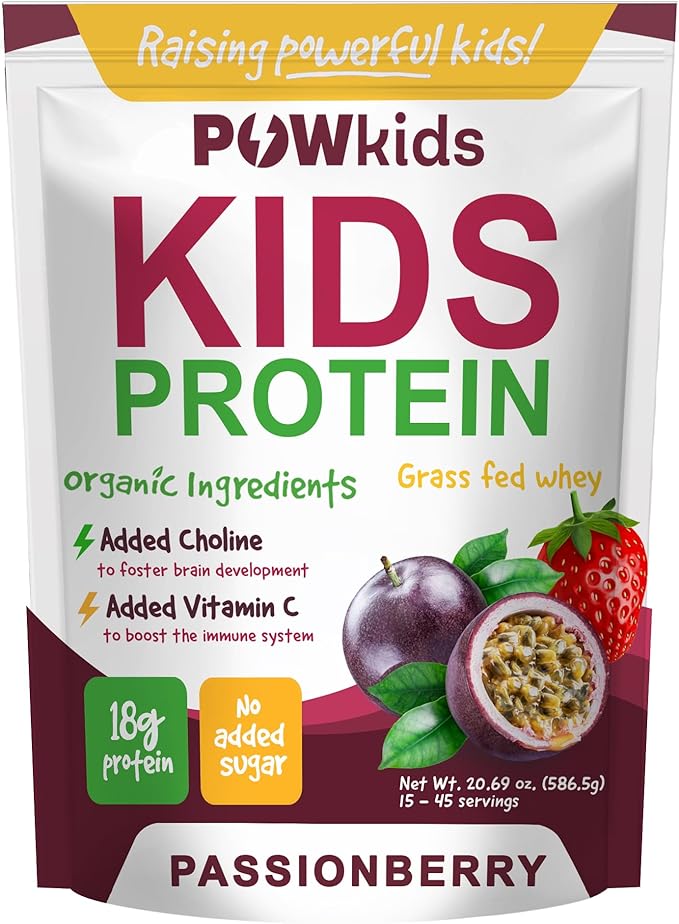 Kids Protein Powder – Zero Sugar, 18g Grass-Fed Whey Proteins, Organic Ingredients – Vitamin C & Choline for Immunity & Brain Development, Teens Shake, 15-45 Servings – Passionberry