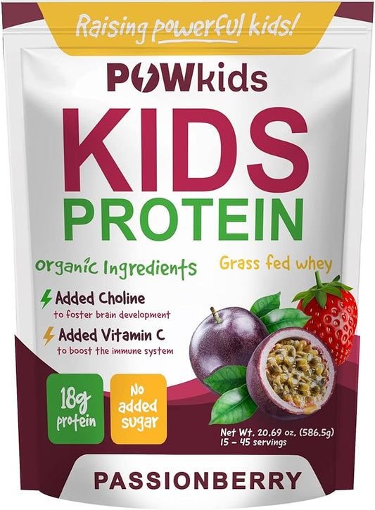 Kids Protein Powder – Zero Sugar, 18g Grass-Fed Whey Proteins, Organic Ingredients – Vitamin C & Choline for Immunity & Brain Development, Teens Shake, 15-45 Servings – Passionberry