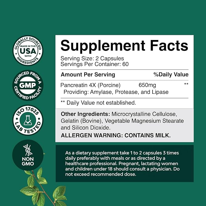 Pancreatin Digestive Enzymes for Digestive Health - Pancreatic Enzymes for Humans with Fat Carb and Protein Digestive Enzymes for Women and Men - Protease Amylase & Lipase Enzymes for Digestion -120ct