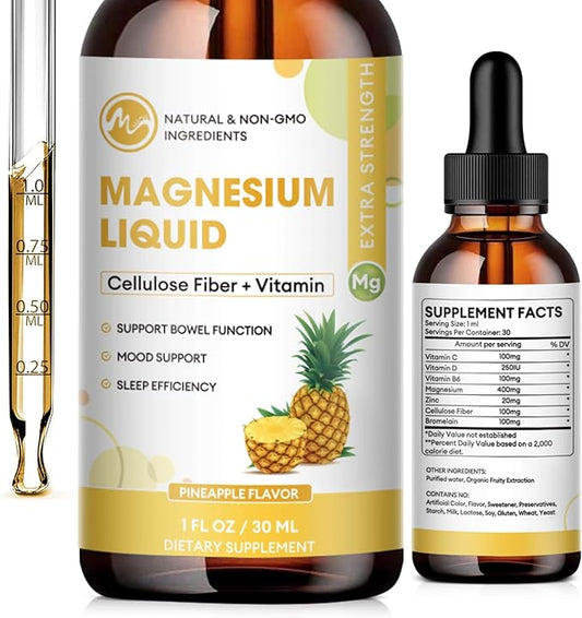 Magnesium Glycinate Liquid, High Absorption Magnesium Liquid Drops with Cellulose Fiber, Bromelain, Vitamin B6, C, D, Zinc, Magnesium Supplement for Kids and Adults, Pineapple Flavor, 1 Pack