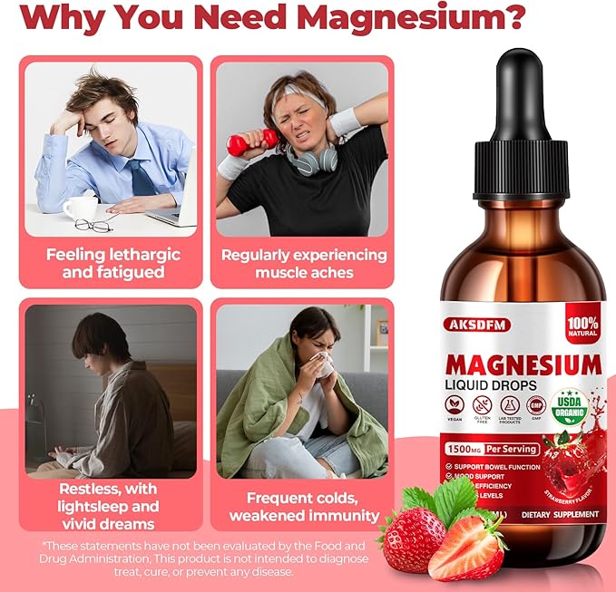 Magnesium Glycinate Liquid 2 Pack - 1500mg Maximized Absorption Magnesium Complex Supplement to Support Stress Relief, Night, Heart Health Nerves and Muscles - Strawberry Flavor