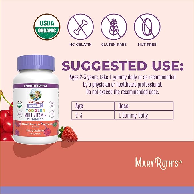MaryRuth Organics Vitamin Gummy | Kids and Toddlers Age 2+ | USDA | Daily Vitamin C | D3 | Zinc | Mixed Berry and Cherry | 2 Month Supply