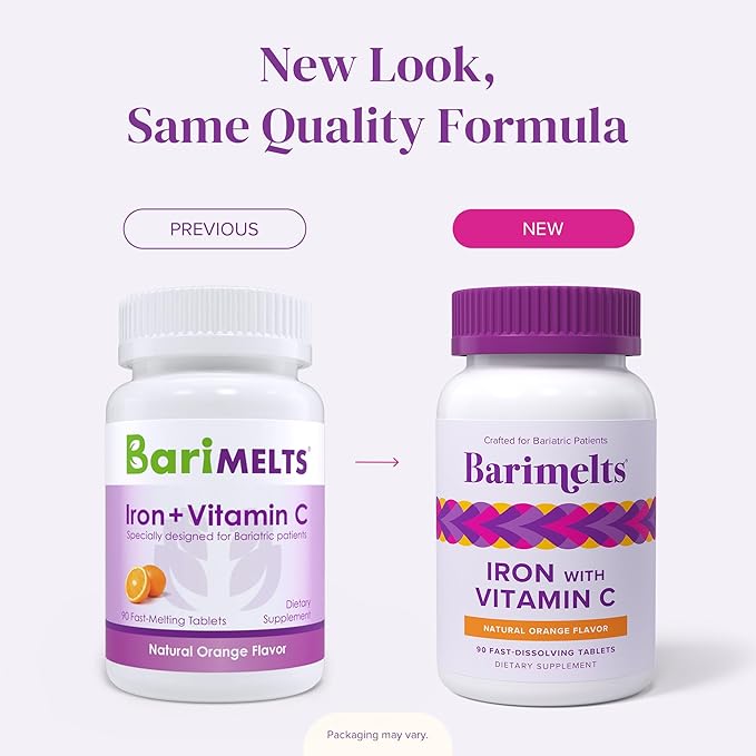 Barimelts Iron with Vitamin C, 90 Fast-Dissolving Tablets (1-Month Supply), Sugar-Free Bariatric Iron Supplement for Women, Natural Orange Flavor