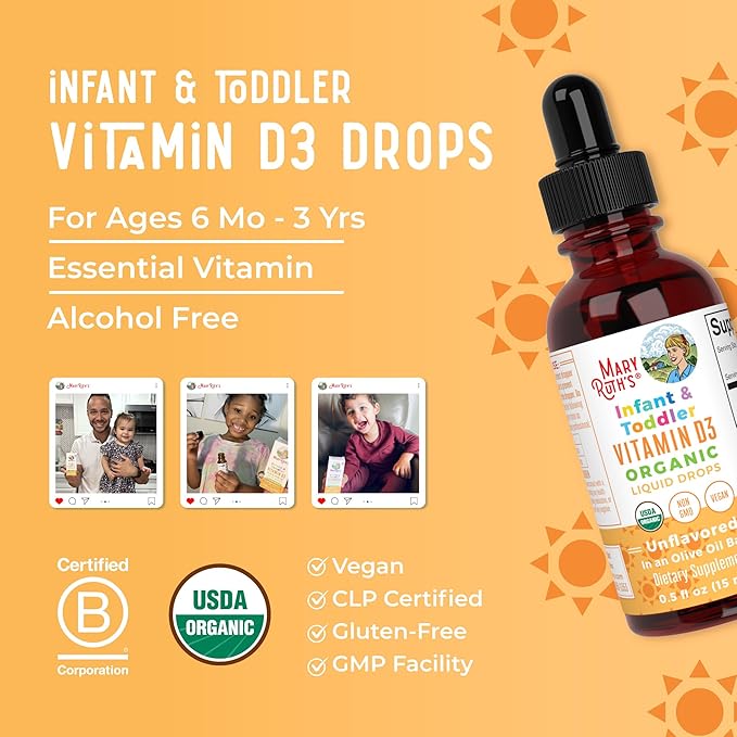MaryRuth Organics USDA Organic Vitamin D Drops | Vitamin D3 Liquid | Sugar Free | Liquid Vitamin D Drops Immune Support for Infants & Toddlers | VIT D3 | Gluten Free | Non-GMO | 90-150 Servings