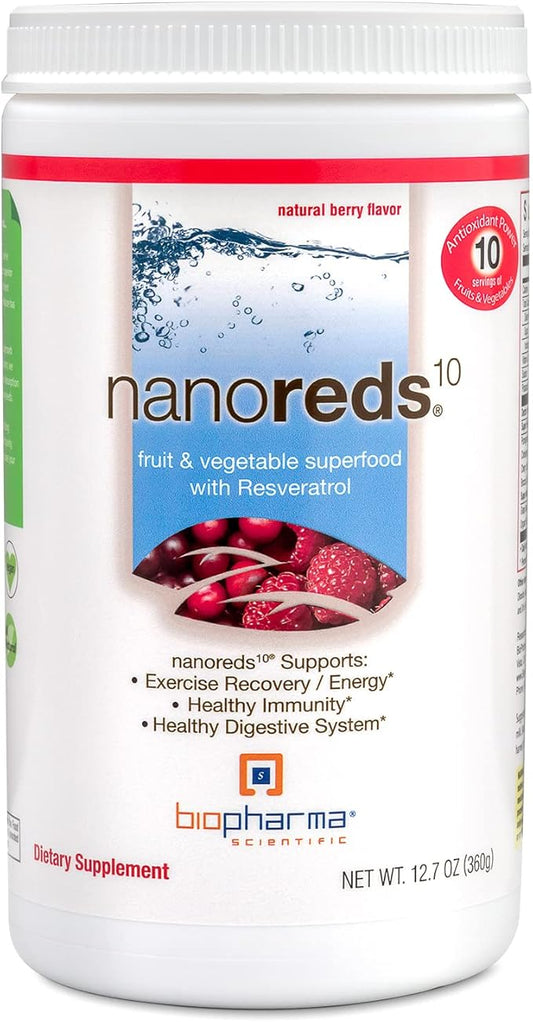 Biopharma Scientific Nanoreds: Reds Superfood Fruit & Vegetable Powder Smoothie Mix for Digestive Health & Immunity with Antioxidants, VitaminC, Elderberry, Pomegranate, Berry Flavor, 30 Servings