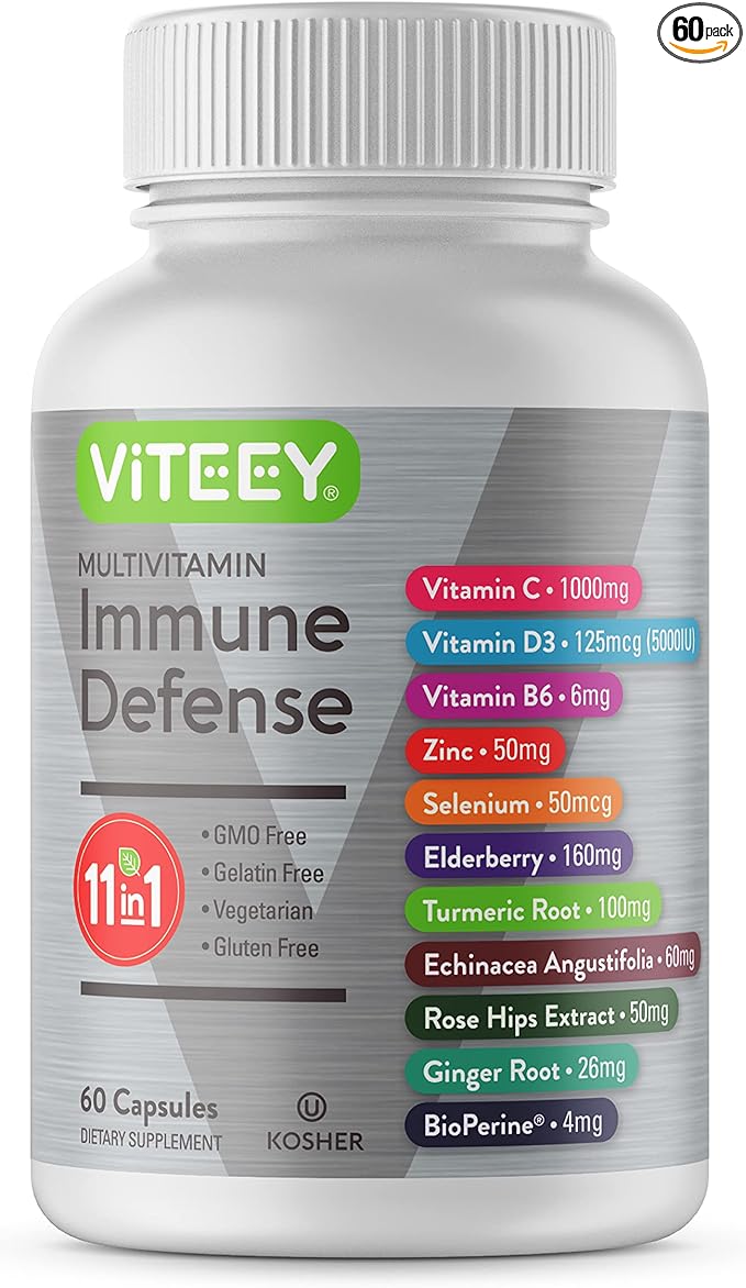11 in 1 Multivitamin Immune Defense Supplement - Immune Booster Capsules with Vitamin D3, Vitamin B6, Echinacea, Turmeric, Rose-HIPS, Selenium, BioPerine, Ginger, Elderberry Vitamin C and Zinc