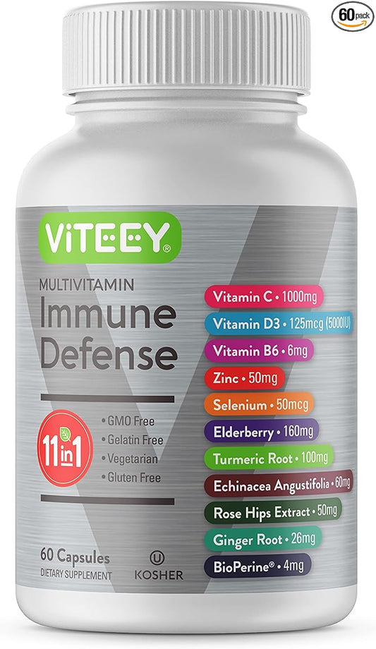 11 in 1 Multivitamin Immune Defense Supplement - Immune Booster Capsules with Vitamin D3, Vitamin B6, Echinacea, Turmeric, Rose-HIPS, Selenium, BioPerine, Ginger, Elderberry Vitamin C and Zinc