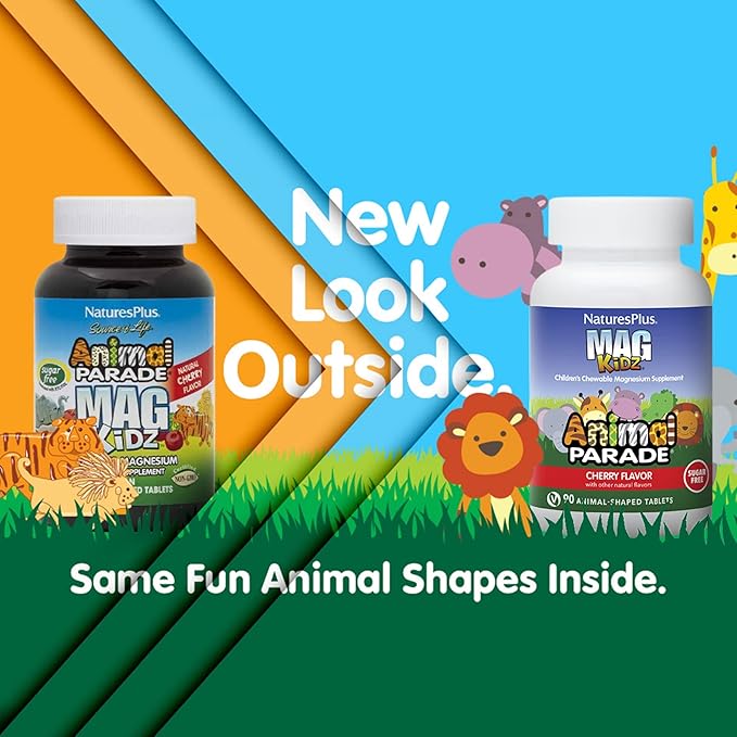 NaturesPlus Animal Parade Source of Life Sugar-Free MagKidz Children's Magnesium Supplement - Natural Cherry Flavor - 90 Count (Pack of 1) - Bone & Muscle Health Support - Gluten-Free