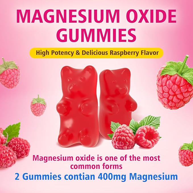 2 Pack Magnesium Oxide Gummies 400mg, Chewable Magnesium Oxide Supplement for Adults & Kids, Nerve & Muscle Support, Vegan, Raspberry Flavor, 120 Count