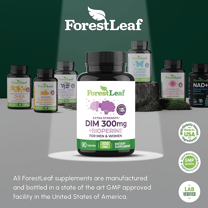 ForestLeaf DIM Supplement for Women & Men - DIM 300mg Per Capsule with BioPerine for Highest Absorption - Diindolylmethane for Metabolism Balance and Support, Detox, Menopause Relief (90 Capsules)