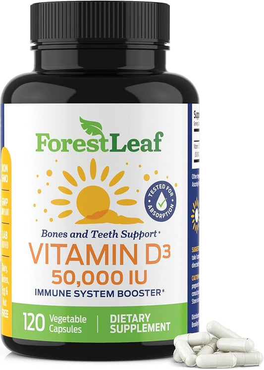ForestLeaf Vitamin D3 50,000 IU | VIT D - VIT D3 Vitamin D Supplement for Women and Men | Bone Health, Teeth, Immune Support | Easy to Swallow Pills | High Potency WEEKLY Dose, 2-Year Supply, 120 Caps