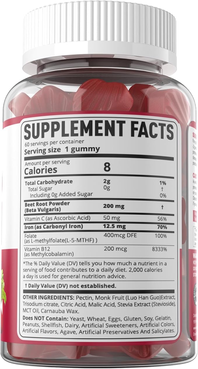Beet Root Gummies with Iron, Methyl B12, Folate, Vitamin C, Increase Nitric Oxide & Iron Levels, Energy Support, Fight Fatigue, Beetroot & Gentle Iron Supplement for Women Men, Sugar Free, 120 Counts