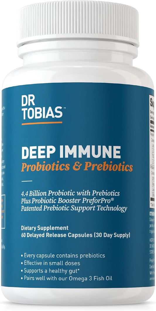 Dr. Tobias Deep Immune Probiotics & Prebiotics, 4.4 Billion CFU Probiotics for Women & Men, Supports Digestive Health, Gut Immune Function, Nutrient Absorption, 60 Capsules, 30 Servings
