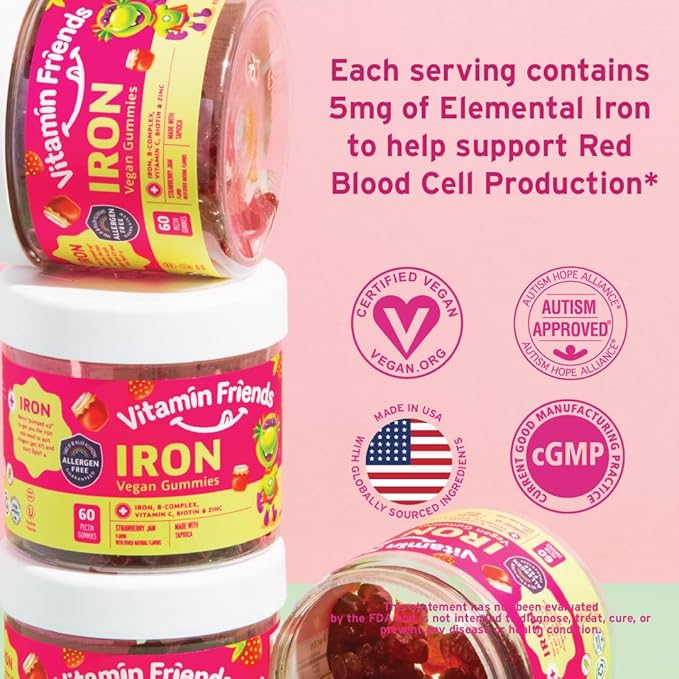 Vitamin Friends - Vegan Multivitamin & Iron for Kids - Daily Nutritional Support Gummies w/Ferrous Fumarate B-Complex, Vitamin C, Zinc, Biotin - Body Function & Anemia - Strawberry Jam(60 Day Supply)