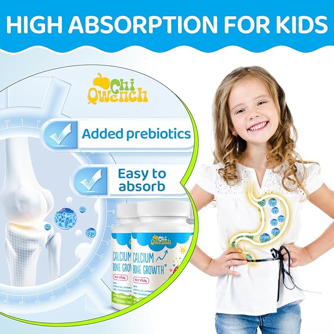 500 MG Calcium Supplement with Vitamin D3 & K2, Zinc, Magnesium & Prebiotics. Kids Vitamins for Kids' Height. Bone Strength, High Absorption, Orange Chewables, Gluten Free, 60 Tabs