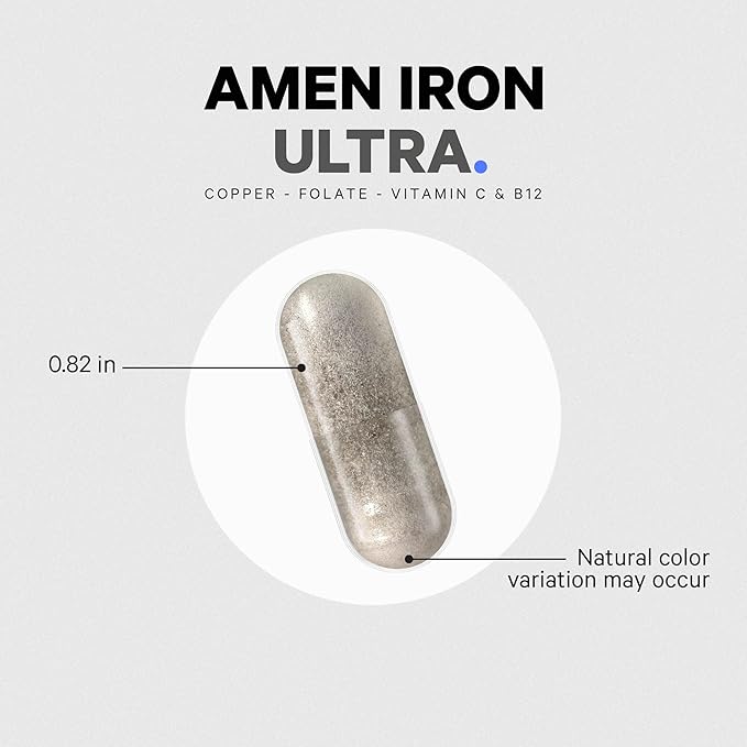 Amen Iron Ultra Supplement + Copper, Folate, Vitamin C and Vitamin B12-2-Month Supply - Ferrous Sulfate Iron Vitamin - Iron 65mg Per Serving - Iron Folic Acid - Non-GMO Iron Pills - 60 Capsules