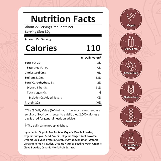 Organic Vegan Protein Powder Sample Pack - Plant-Based Protein, Gluten-Free, Non GMO, 20g Protein Per Serving, Great for Smoothies & Shakes (Vanilla Chai, Pack of 8)
