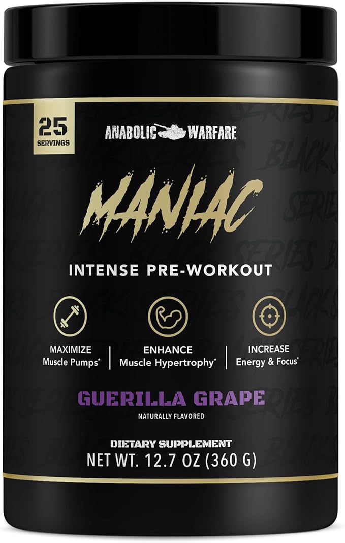 Anabolic Warfare Black Series Maniac, Pre-Workout Powder, Supports Nitric Oxide, Muscle Pumps, and Protein Synthesis* Guerilla Grape