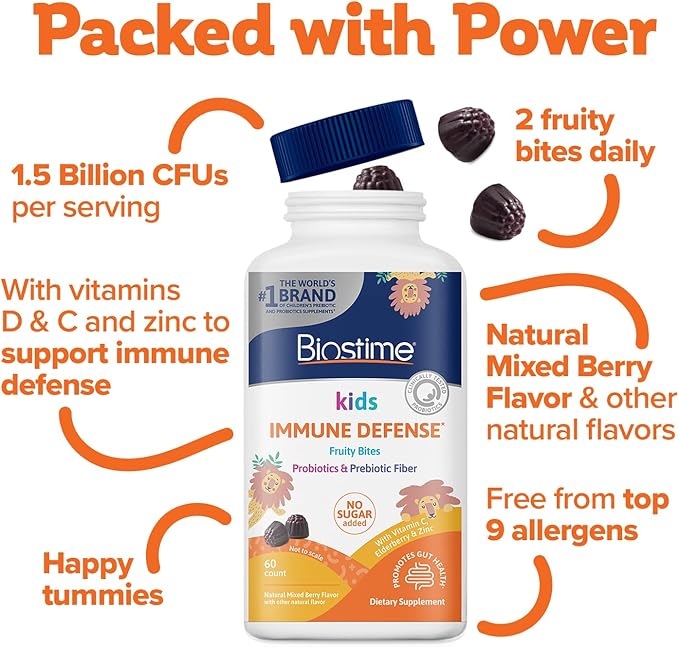 Biostime Kids immune support gummies|(Ages 4+) | Includes Vitamins D&C + Zinc & Probiotics | No Added Sugar |Kids Immune Defense Fruity Bites | Free from top 9 allergens | 60 Count