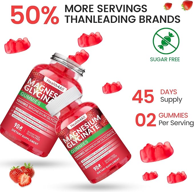 Magnesium Glycinate Gummies 1000mg, High Absorption Sugar Free Magnesium Potassium Supplement for Relaxation, Stress Relief, and Sleep Support for Adults & Kids - 90 Strawberry Gummies