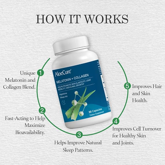 AloeCure Organic Aloe Vera Capsules Pack - 3 Pieces - Melatonin + Collagen, Aloe Vera Capsules, Probiotic + Enzyme