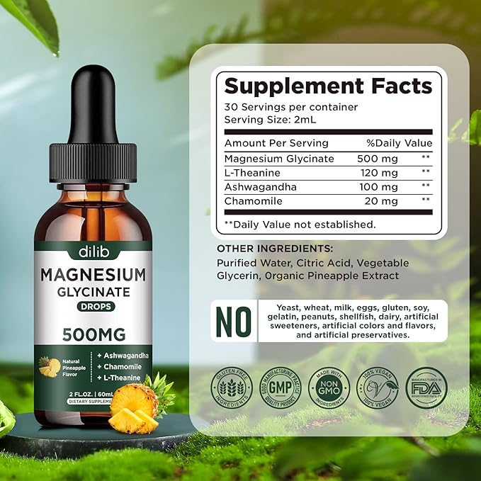 Magnesium Glycinate 500mg - Liquid Magnesium Drops, Ashwagandha, L - Theanine, Chamomile - Calm & Stress Relief, Relaxation, Restful Sleep, Muscle Heart Health, Vegan - 2 Fl Oz (30 Days)