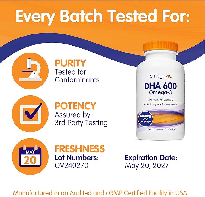 OmegaVia DHA 600 mg, Ultra Pure Omega-3 DHA Supplements for Brain and Eyes, DHA Prenatal Vitamins for Women, Burpless Fish Oil Omega 3, IFOS Tested, 120 Softgels