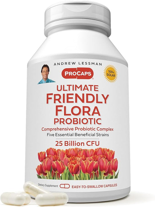ANDREW LESSMAN Ultimate Friendly Flora Probiotic 60 Capsules - 25 Billion CFU, Comprehensive Blend of Five Probiotic Strains, Powerful Immune and Digestive Support. Probiotics for Women or Men