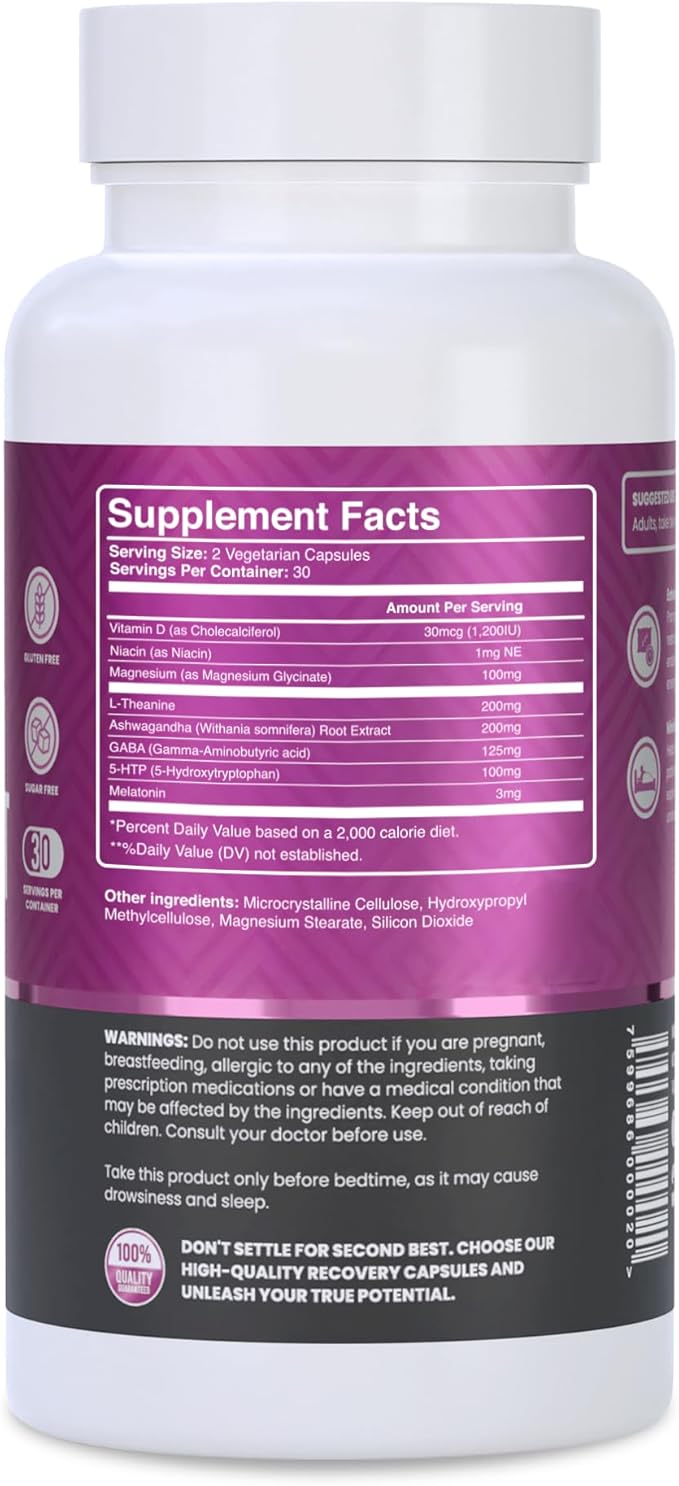 Natural Sleep Aid for Adults, Sleep Supplement, Natural Calm, Melatonin with L-Theanine, Magnesium Glycinate, Ashwagandha, GABA, 5-HTP, Vitamin D & Niacin (30 Day Supply)