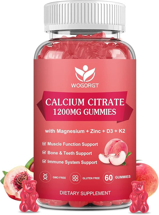 Calcium Citrate 1200mg Gummies with Vitamin D3 K2 - Chewable Calcium Magnesium Zinc d3 Supplement with Sea Moss Extract for Bone, Teeth, Immune Support for Women & Men, White Peach Flavor - 60 Gummies