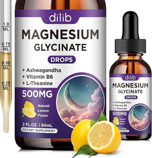 Magnesium Glycinate Supplement, Magnesium Liquid Drops with Magnesium Glycinate 500mg Vitamin B6, Ashwagandha, L - Theanine, Chamomile -Support Stress Relief, Bone, Muscle, Mood Vegan