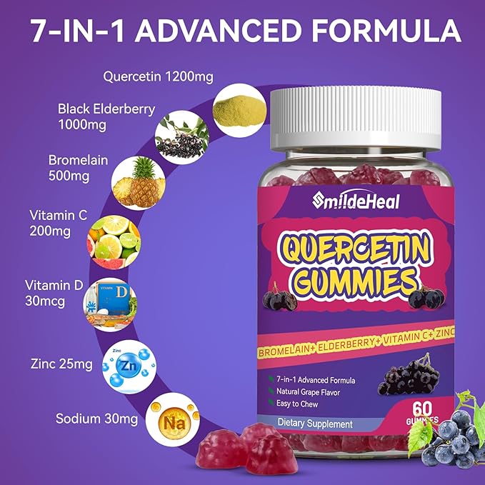 2 Pack Quercetin Gummies 1200MG, Quercetin Gummies with Bromelain, Zinc Vitamin C, Immune System Vegan Gummy for Adult & Kid, 120 Vegan