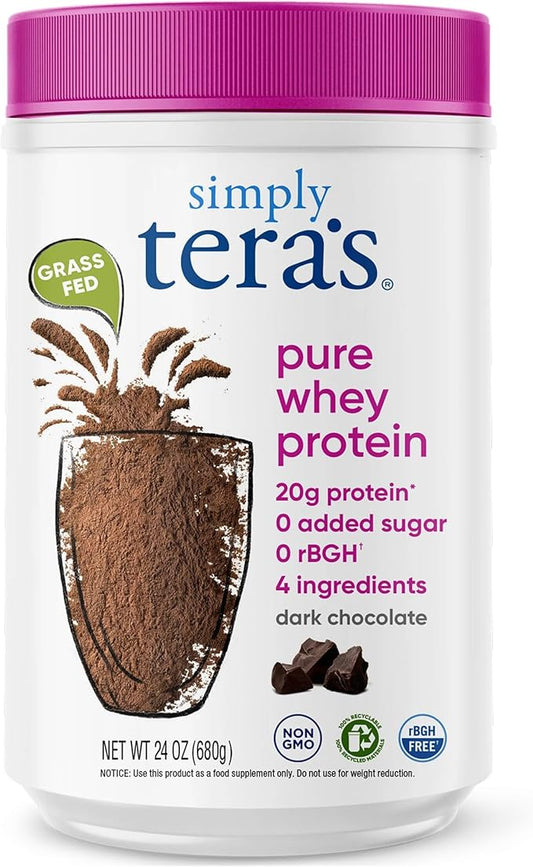 Simply tera's Pure Whey Protein Powder - Chocolate Protein Powder, Clean & Grass Fed Whey Protein, No Artificial Sweeteners, Non-GMO, Kosher, rBGH-Free, Soy-Free - Dark Chocolate, 24 oz