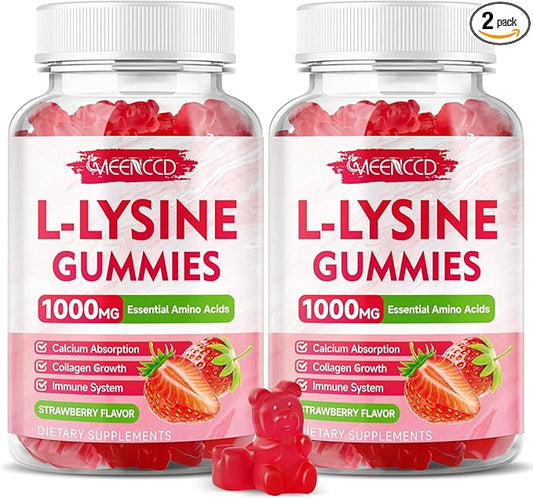 2 Pack L-Lysine 1000mg Gummies, Lysine Supplement for Adults & Kids, Essential Amino Acid for Oral & Lips Health, Boost Immune & Calcium & Collagen, Sugar-Free, Strawberry Flavor, 120 Count