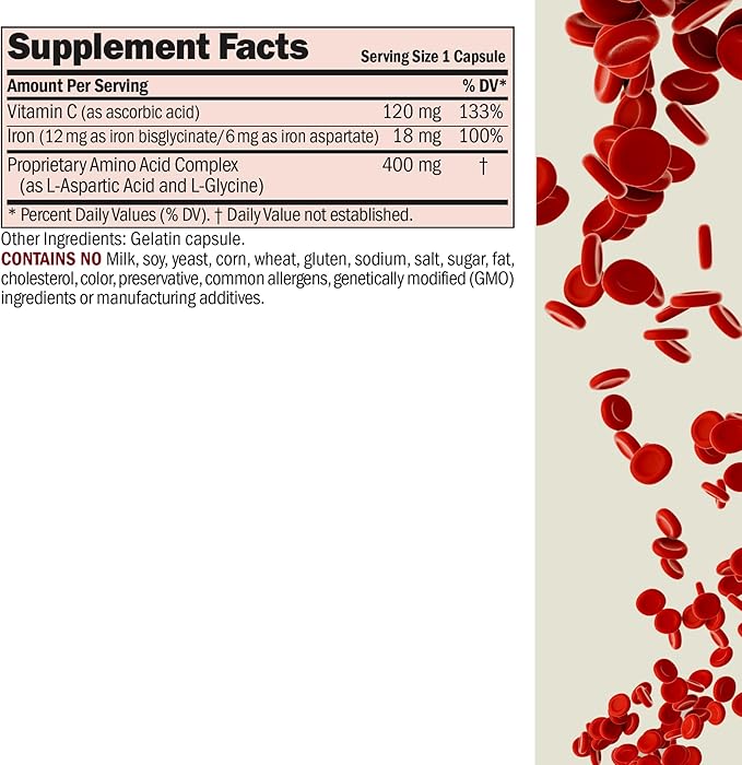 ANDREW LESSMAN Iron Plus 180 Capsules - 18mg Iron, 100% Pure Amino Acid Chelated Iron (Glycinate, Aspartate), Plus Vitamin C for Increased Absorption, Small, Easy to Swallow Capsules, No Additives