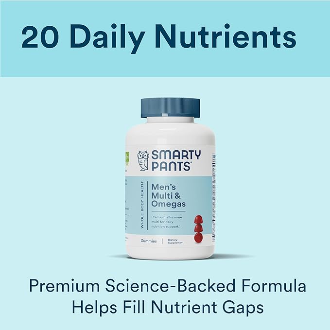 SmartyPants Multivitamin for Men, Gummies: Omega 3 Fish Oil (EPA/DHA), Methylfolate, CoQ10, Vitamin D3, C, Vitamin B12, B6, Vitamin A, K & Zinc for Immune Support, 180 Gummies (30 Day Supply)