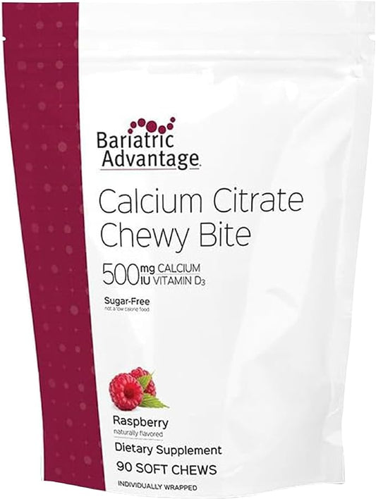 Bariatric Advantage Calcium Citrate Chewy Bites 500 mg - for Bariatric Surgery Patients - Vitamin D3 - Sugar-Free Chewable Calcium Supplement - Bariatric Calcium Chews - Raspberry Flavor - 90 Count