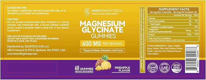 Magnesium Glycinate Gummies 600mg, Non-GMO, Gluten-Free, Magnesium Gummies for Adults & Kids, Sleep, Relaxation & Focus, Pineapple Flavor, 60 Count