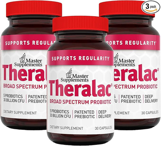 Master Supplements Theralac - 30 Capsules, Pack of 3 - Multi-Strain Probiotic for Optimal Gut Health + Gas & Bloating Relief - Gluten Free - 90 Servings