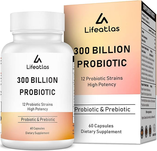 300 Billion CFU Probiotics - Probiotics for Women and Men, 12 Probiotic Strains Plus Prebiotic, for Immune & Digestive, Gut Health, Gas Bloating, Shelf Stable - 60 Caps