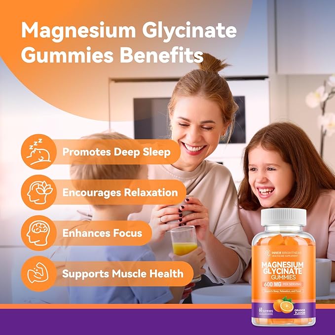 Magnesium Glycinate Gummies 600mg, Non-GMO, Gluten-Free, Magnesium Gummies for Adults & Kids, Sleep, Relaxation & Focus, Orange Flavor, 60 Count