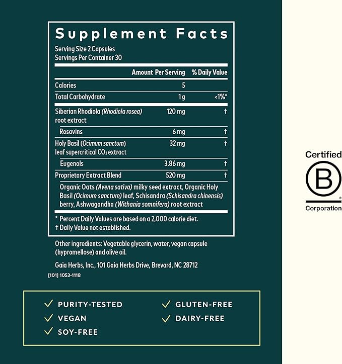 Gaia Herbs Adrenal Health Daily Support - with Ashwagandha, Holy Basil & Schisandra - Herbal Supplement to Help Maintain Healthy Energy and Stress Levels - 60 Liquid Phyto-Capsules (60 Count)