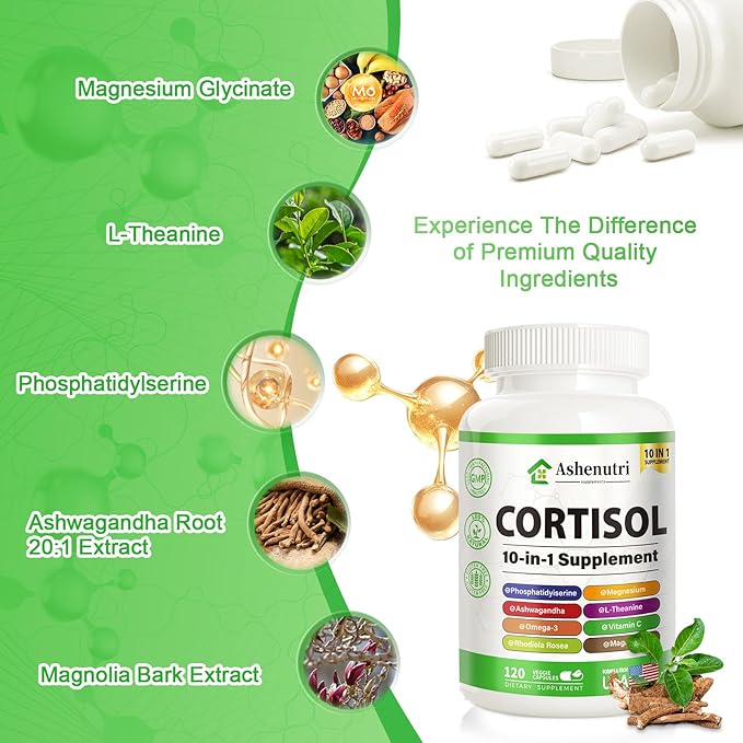 10-in-1 Cortisol Supplement with Magnesium,Ashwagandha,Rhodiola Rosea,L Theanine,Hormone Balance for Women 120 Vegan Capsules
