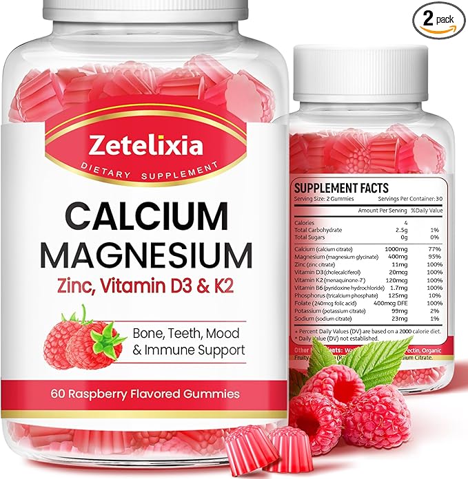 Calcium Magnesium Zinc Gummies with Vitamin D3 & K2, Calcium Gummies for B0nes Muscles, Women & Men, Raspberry Flavor - 120 Count