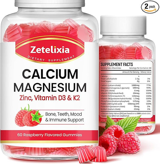 Calcium Magnesium Zinc Gummies with Vitamin D3 & K2, Calcium Gummies for B0nes Muscles, Women & Men, Raspberry Flavor - 120 Count