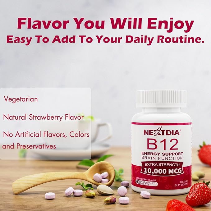Vitamin B12, Methylcobalamin 10000 mcg, Active B12 Vitamins, Vegan Methyl B12 For Energy Metabolism & Brain Health, Boost Immune System, Natural Strawberry Flavor, Zero Sugar, 90 Fast Dissolve Tablets